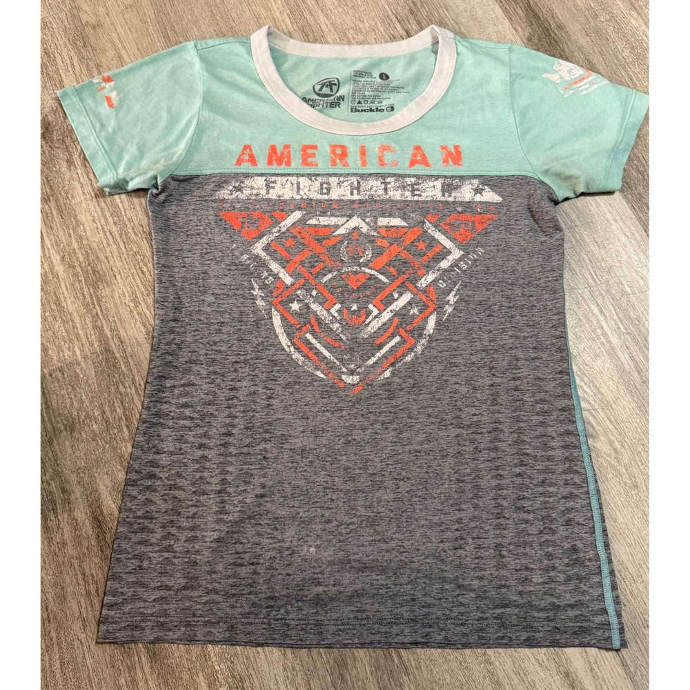 American Fighter Buckle Womens Small S Graphic Tee Shirt Mint Gray Short Sleeve